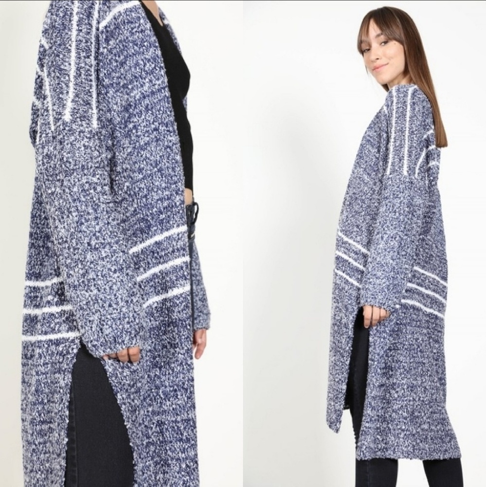 Morrison Maxi Cardi Soft Knit Open Front Relaxed Navy White Striped Sm & Md NWT